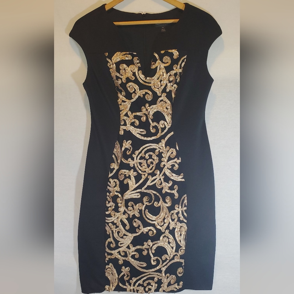 Connected Apparel Sheath Black Dress Gold Embroidered Design